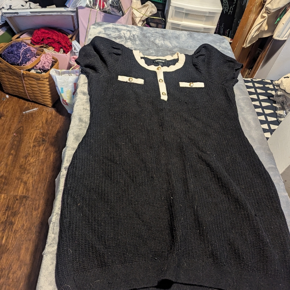 Express Black Knit Dress with Cream Trim